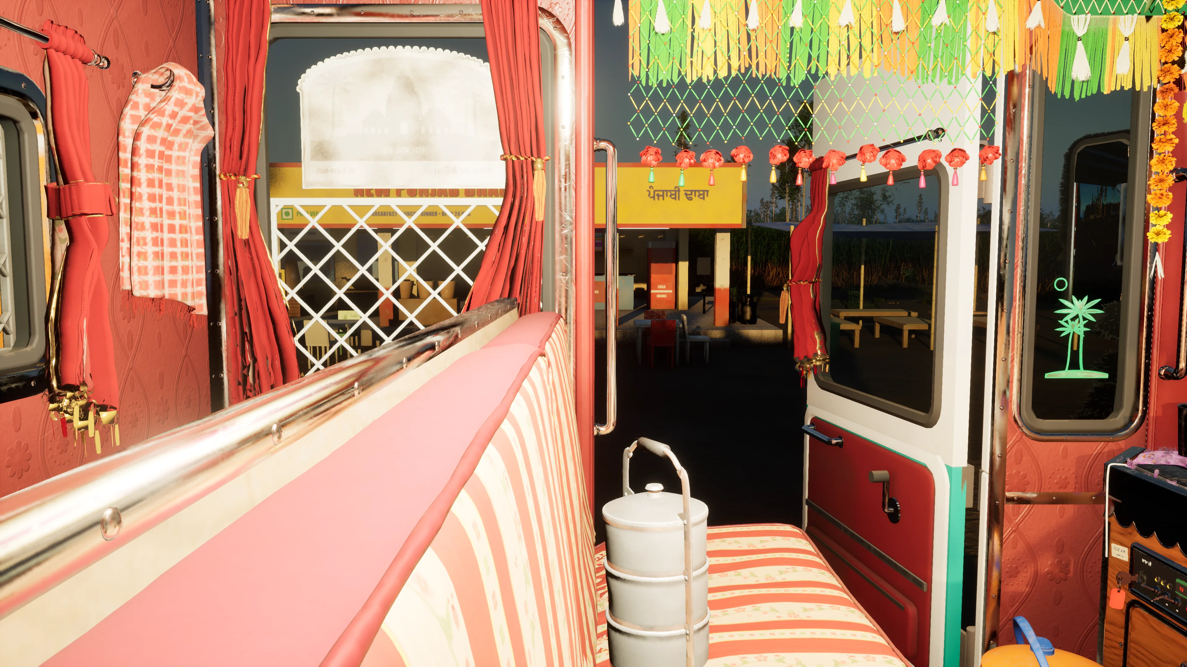 The striped berth behind the seats with red curtains and a steel tiffin, a dhaba outside the open door