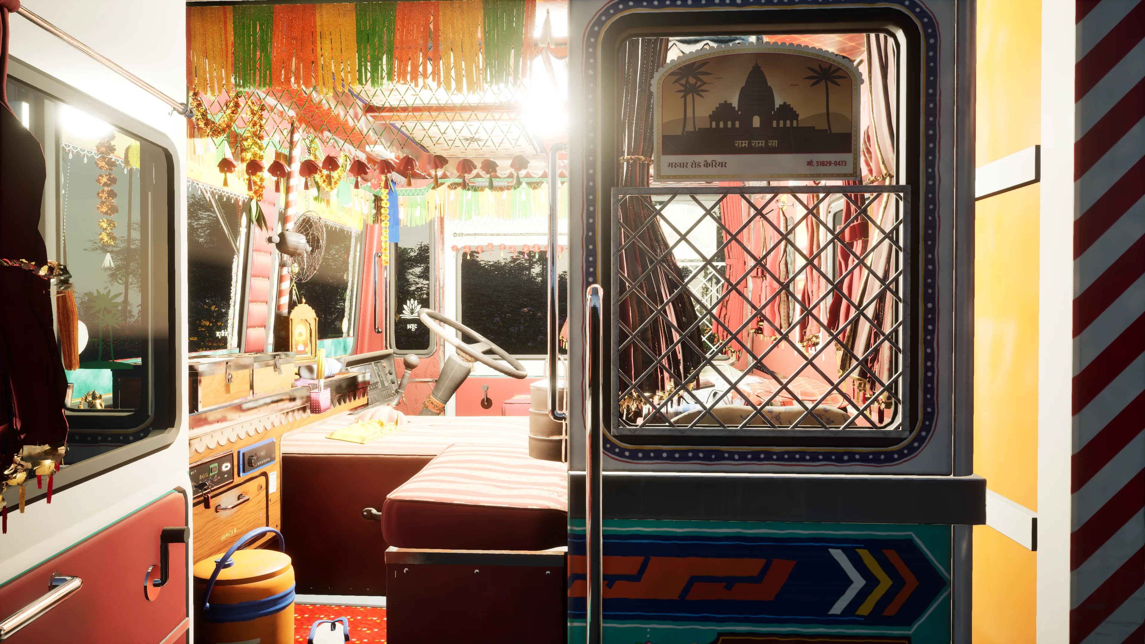 The decorated cab through the open passenger door: tassels and fringe across the top, a lattice window and a small shrine on the dash, in warm evening light