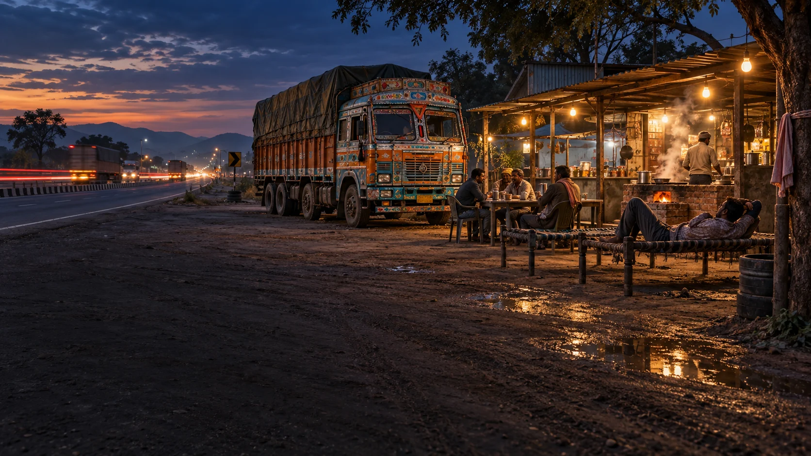 An Indian National Highway dhaba at dusk with a decorated cargo truck parked beside warmly lit outdoor tables